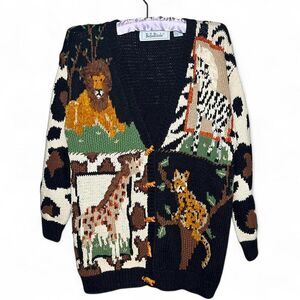 Vtg 90s Animals Knit Cardigan Sweater Wild Cat Nature Jungle Belle Pointe Size S
